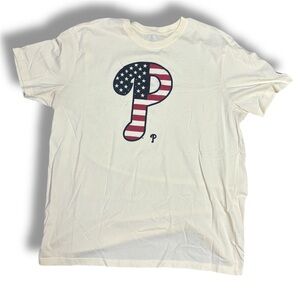New Era White Short-Sleeve Tee with American Flag 'P' Graphic